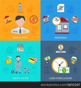Loan foreclosure design concept set with credit victim flat icons isolated vector illustration. Loan Foreclosure Icons Set