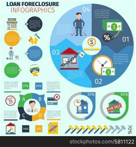 Loan foreclosure infographics with debt crisis symbols and charts vector illustration. Loan Foreclosure Infographics