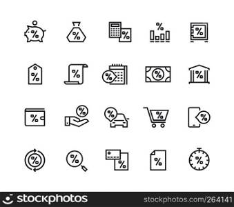 Loan line icons. Money rate payment discount, real estate car and purchases loan. Pay rate and money calculating vector pictograms. Loan line icons. Money rate payment discount, real estate car and purchases loan. Pay rate, money calculating pictograms