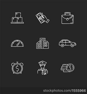 Loan money chalk white icons set on black background. Cash for business. Investment in real estate. Buy private property. Banking service. Payout for work. Isolated vector chalkboard illustrations. Loan money chalk white icons set on black background