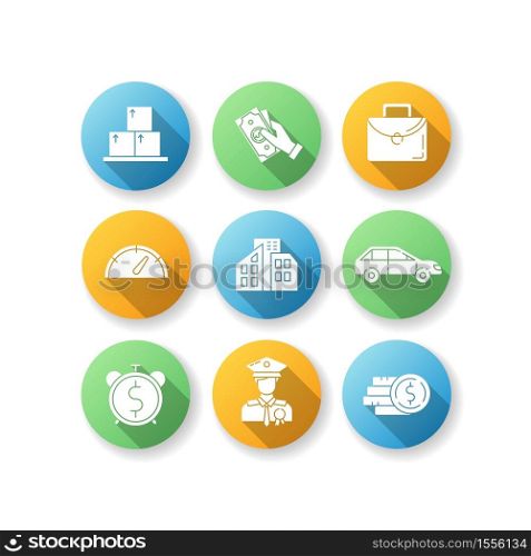 Loan money flat design long shadow glyph icons set. Cash for business. Investment in real estate. Banking service. Payout for work. Distribution and logistic. Silhouette RGB color illustration. Loan money flat design long shadow glyph icons set