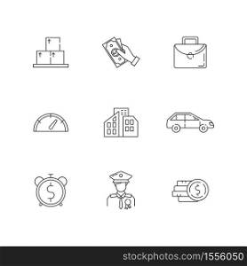 Loan money linear icons set. Cash for business. Investment in real estate. Buy private property. Customizable thin line contour symbols. Isolated vector outline illustrations. Editable stroke. Loan money linear icons set