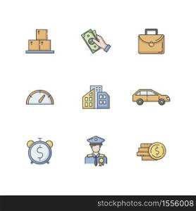 Loan money RGB color icons set. Cash for business. Investment in real estate. Buy private property. Banking service. Payout for work. Distribution and logistic. Isolated vector illustrations. Loan money RGB color icons set