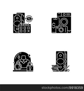 Loan office black glyph icons set on white space. Regular payments. Pawn item. Pledge safety. Surcharge. Coverage term. Materialistic value. Silhouette symbols. Vector isolated illustration. Loan office black glyph icons set on white space