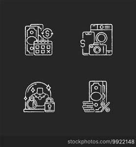 Loan office chalk white icons set on black background. Regular payments. Pawn item. Pledge safety. Surcharge. Coverage term. Materialistic value. Isolated vector chalkboard illustrations. Loan office chalk white icons set on black background
