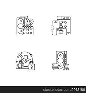 Loan office linear icons set. Regular payments. Pawn item. Pledge safety. Surcharge. Coverage term. Customizable thin line contour symbols. Isolated vector outline illustrations. Editable stroke. Loan office linear icons set
