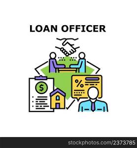 Loan Officer Vector Icon Concept. Loan Officer Checking Real Estate Documentation And Client Solvency, Approving Mortgage And Signing Financial Agreement With Customer Color Illustration. Loan Officer Vector Concept Color Illustration