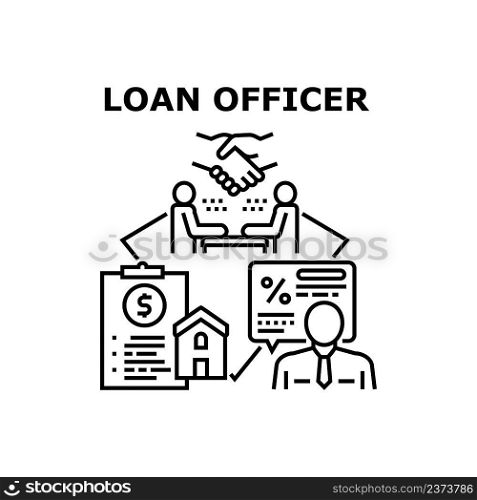 Loan Officer Vector Icon Concept. Loan Officer Checking Real Estate Documentation And Client Solvency, Approving Mortgage And Signing Financial Agreement With Customer Black Illustration. Loan Officer Vector Concept Black Illustration