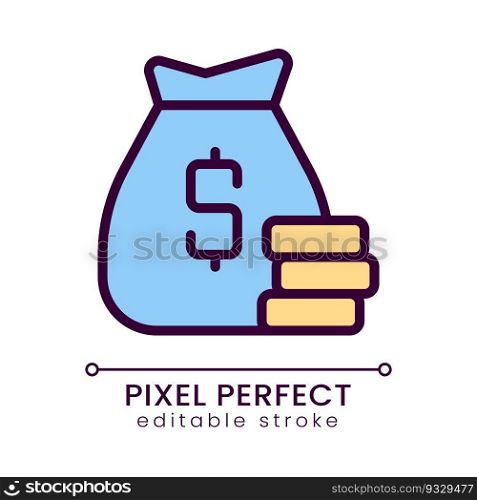 Loan pixel perfect RGB color icon. Bag of money. Banking and finance. Financial operations for business. Isolated vector illustration. Simple filled line drawing. Editable stroke. Poppins font used. Loan pixel perfect RGB color icon