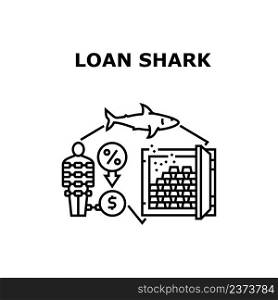 Loan Shark Bank Vector Icon Concept. Loan Shark Bank And Poor Man With Financial Difficulties. Client With Money Finance Problem Paying Credit And High Percent. Businessman Black Illustration. Loan Shark Bank Vector Concept Black Illustration