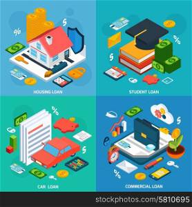 Loans design concept set with housing student and car investment isometric icons isolated vector illustration. Loans Isometric Set