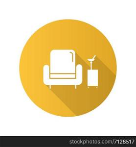 Lobby bar yellow flat design long shadow glyph icon. Room service, hotel amenities. Comfortable rest place with soft armchair and cocktails. Relax zone. Vector silhouette illustration