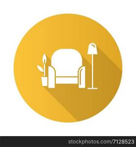 Lobby bar yellow flat design long shadow glyph icon. Room service, hotel amenities. Comfortable rest place with soft armchair and cocktails. Relax zone. Vector silhouette illustration
