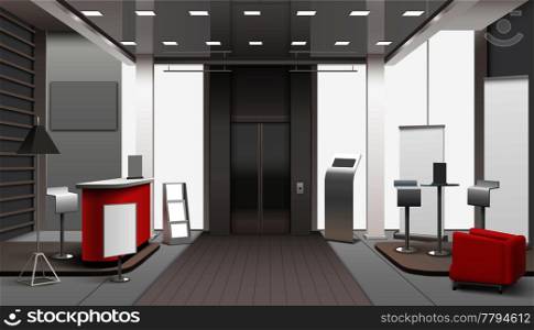 Lobby interior realistic design with reception counter, red armchair, table with stools, empty banners, lift vector illustration . Lobby Interior Realistic Design