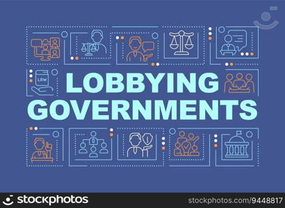 Lobbying government text with various thin line icons on dark monochromatic background, 2D vector illustration.. Lobbying government text with linear icons
