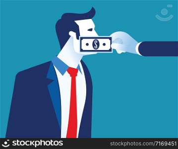 Lobbyist corruption. Businessman with bank note taped to mouth. Concept business vector illustration.