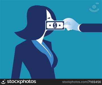Lobbyist corruption. Businesswoman with bank note taped to mouth. Concept business vector illustration.