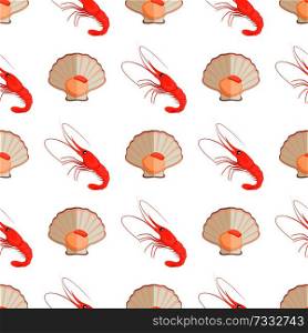 Lobster and shell seamless pattern, collection of icons of lobster and shellfish with meat, mollusk vector illustration isolated on white background. Lobster and Shell Pattern Vector Illustration