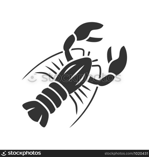 Lobster glyph icon. Seafood restaurant menu. Swimming marine animal with pincers. Delicacy food. Underwater fauna. Undersea inhabitant. Silhouette symbol. Negative space. Vector isolated illustration