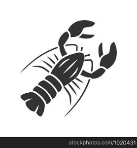 Lobster glyph icon. Seafood restaurant menu. Swimming marine animal with pincers. Delicacy food. Underwater fauna. Undersea inhabitant. Silhouette symbol. Negative space. Vector isolated illustration