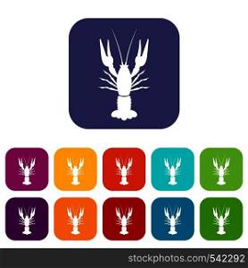 Lobster icons set vector illustration in flat style in colors red, blue, green, and other. Lobster icons set