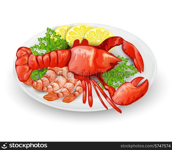 Lobster on plate with lemon shrimps and parsley seafood restaurant menu concept vector illustration