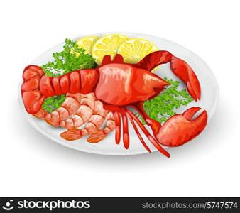 Lobster on plate with lemon shrimps and parsley seafood restaurant menu concept vector illustration