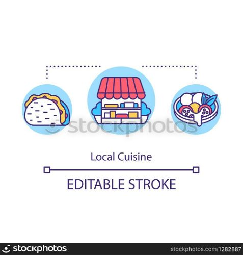 Local cuisine concept icon. National cuisine, gastronomic tourism idea thin line illustration. Delicious traditional dishes. Vector isolated outline RGB color drawing. Editable stroke