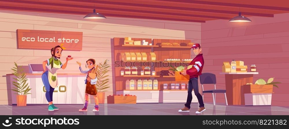 Local eco store with customer, saleswoman and porter. Woman owner giving cupcake to little girl holding shopping bag with products. Grocery shop with ecological production. Cartoon vector illustration. Local eco store with customer, vendor and porter