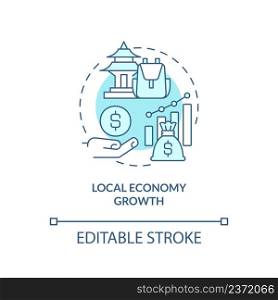 Local economy growth turquoise concept icon. Tourists engaging. Conservation policy abstract idea thin line illustration. Isolated outline drawing. Editable stroke. Arial, Myriad Pro-Bold fonts used. Local economy growth turquoise concept icon