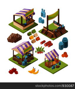 Local farm isometric. Food marketplaces with meat vegetables fish grocery country store vector pictures isolated. Illustration of grocery farm isometric, food market 3d. Local farm isometric. Food marketplaces with meat vegetables fish grocery country store vector pictures isolated