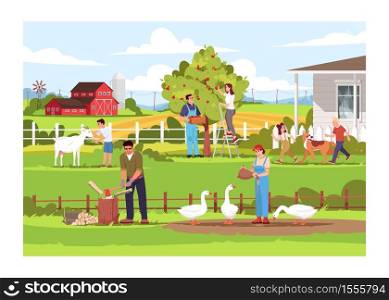 Local farm production semi flat vector illustration. Ranch activities. People feed geese. Kids play with dog. Man cut wood. Summertime vacation. Farmers 2D cartoon characters for commercial use. Local farm production semi flat vector illustration