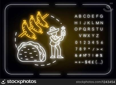 Local fast food neon light concept icon. Indigenous cooking, cost effective nutrition idea. Outer glowing sign with alphabet, numbers and symbols. Vector isolated RGB color illustration