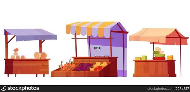 Local food market stalls with honey, vegetables and cheese. Vector cartoon set of street wooden kiosks with farm produce on counter and in crates. Marketplace tents with organic products. Food market stalls with honey, vegetables, cheese