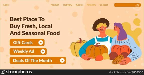 Local market with fresh and seasonal food, gift cards and weekly ad, deals of month. Sell and buy tasty vegetables and products from producers. Website landing page, internet site. Vector in flat . Best place to buy fresh local and seasonal food