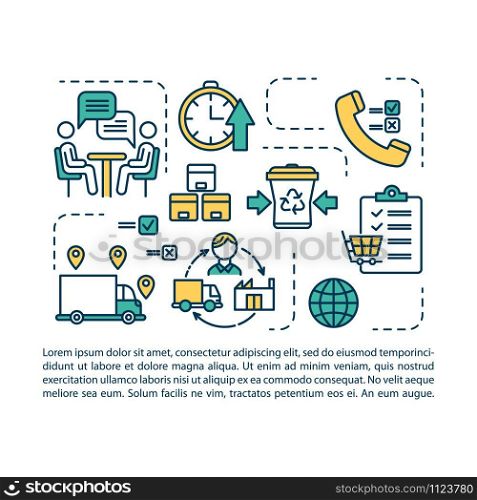 Local production article page vector template. Small business process, benefits. Communication. Brochure, magazine, booklet design element, linear icons. Print design. Concept illustrations with text