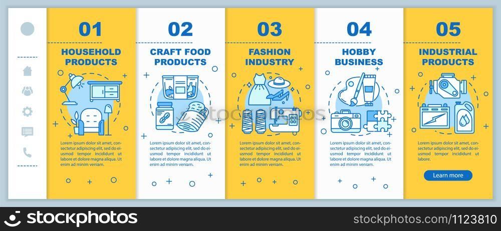 Local production onboarding mobile web pages vector template. Responsive smartphone website interface idea, linear illustrations. Household products. Webpage walkthrough step screens. Color concept