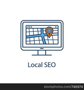 Local SEO color icon. Shop, cafe, salon geolocation targeting. Digital mapping. GPS navigation. Routes searching. Location search optimization. Geo marketing. Isolated vector illustration. Local SEO color icon