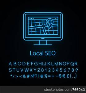 Local SEO neon light icon. Geolocation targeting. Digital mapping. GPS navigation. Routes searching. Location search optimization. Geomarketing. Glowing alphabet, numbers. Vector isolated illustration. Local SEO neon light icon