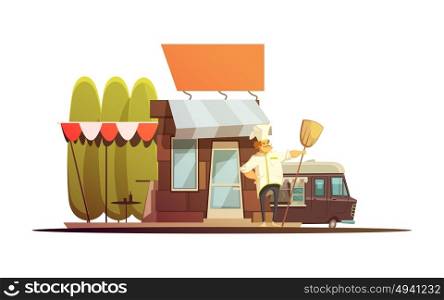 Local Store Building Illustration . Local store building with owner trees and van cartoon vector illustration