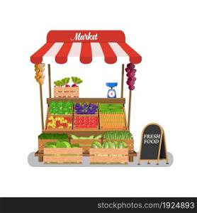 Local vegetable stall. Local market farmer selling vegetables produce on his stall with awning. promote healthy eating concept. Food market. illustration in flat style. Local vegetable stall.