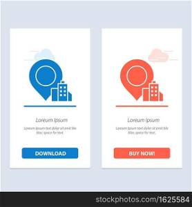 Location, Building, Hotel  Blue and Red Download and Buy Now web Widget Card Template