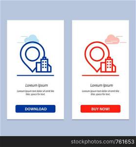 Location, Building, Hotel Blue and Red Download and Buy Now web Widget Card Template