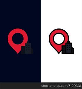 Location, Building, Hotel Icons. Flat and Line Filled Icon Set Vector Blue Background