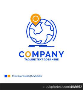 location, globe, worldwide, pin, marker Blue Yellow Business Logo template. Creative Design Template Place for Tagline.