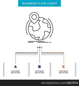 location, globe, worldwide, pin, marker Business Flow Chart Design with 3 Steps. Line Icon For Presentation Background Template Place for text. Vector EPS10 Abstract Template background
