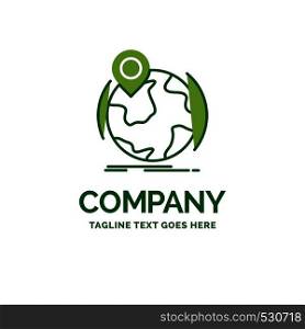 location, globe, worldwide, pin, marker Flat Business Logo template. Creative Green Brand Name Design.