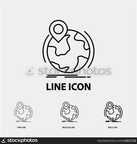 location, globe, worldwide, pin, marker Icon in Thin, Regular and Bold Line Style. Vector illustration. Vector EPS10 Abstract Template background