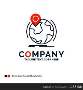 location, globe, worldwide, pin, marker Logo Design. Blue and Orange Brand Name Design. Place for Tagline. Business Logo template.