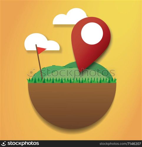 Location icon on the green field and red flag. reach to destination. travel symbol
